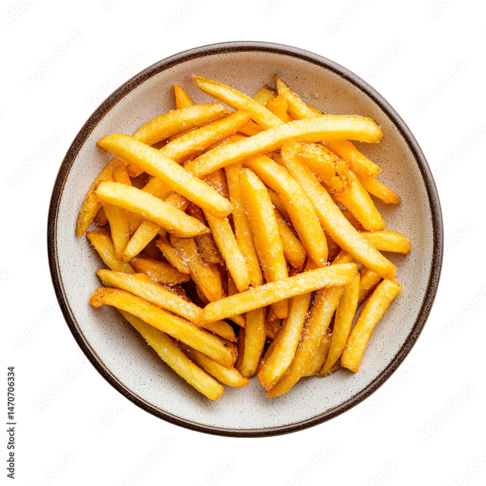 Golden crispy french fries served in a round plate against a clean transparent background, perfect for snacks or side dishes, frenchfries in plate on transparent background