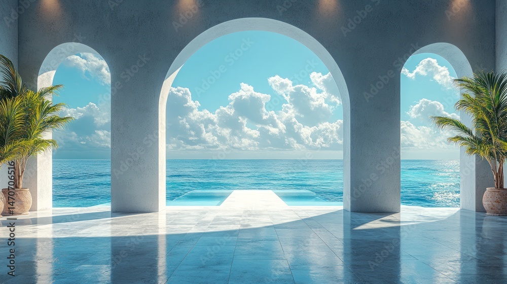 Fototapeta premium Serene Ocean View from a Luxurious White Archway Villa