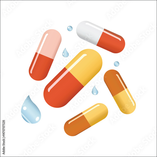  Colorful Capsules with Droplets – Pharmaceutical Pill Icon Vector for Medicine Awareness, Drug Advertisements, Health Campaigns, and Supplement Branding in Modern Style