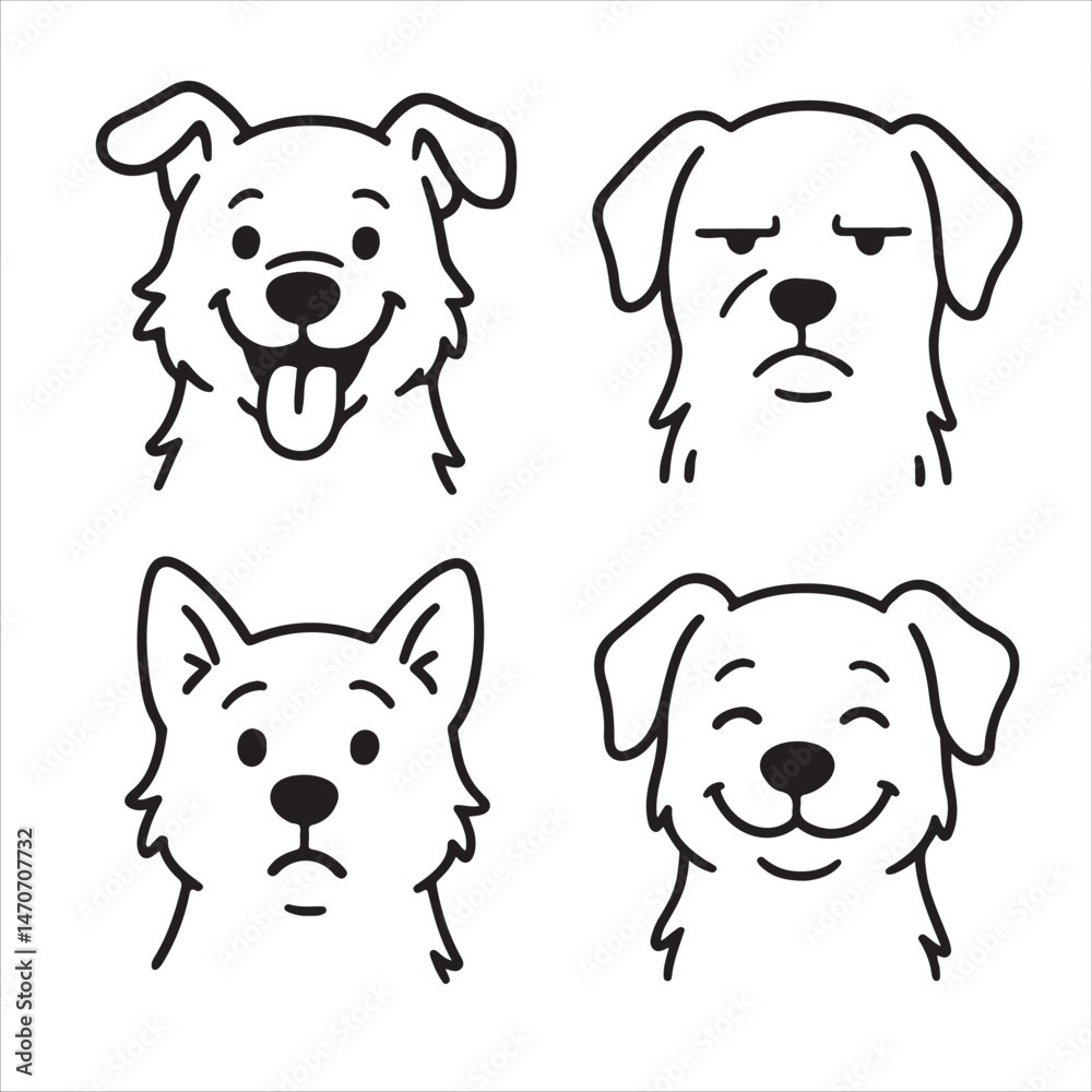 Fototapeta premium A set of four black and white cartoon-style dog face illustrations, each showing a different facial expression