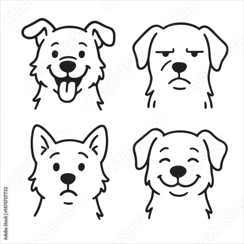 A set of four black and white cartoon-style dog face illustrations, each showing a different facial expression