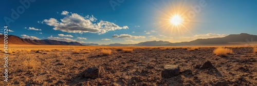 Vast Desert Landscape Under a Brilliant Sky: Stones and Sunlit Sands Blend in Nature's Serenity