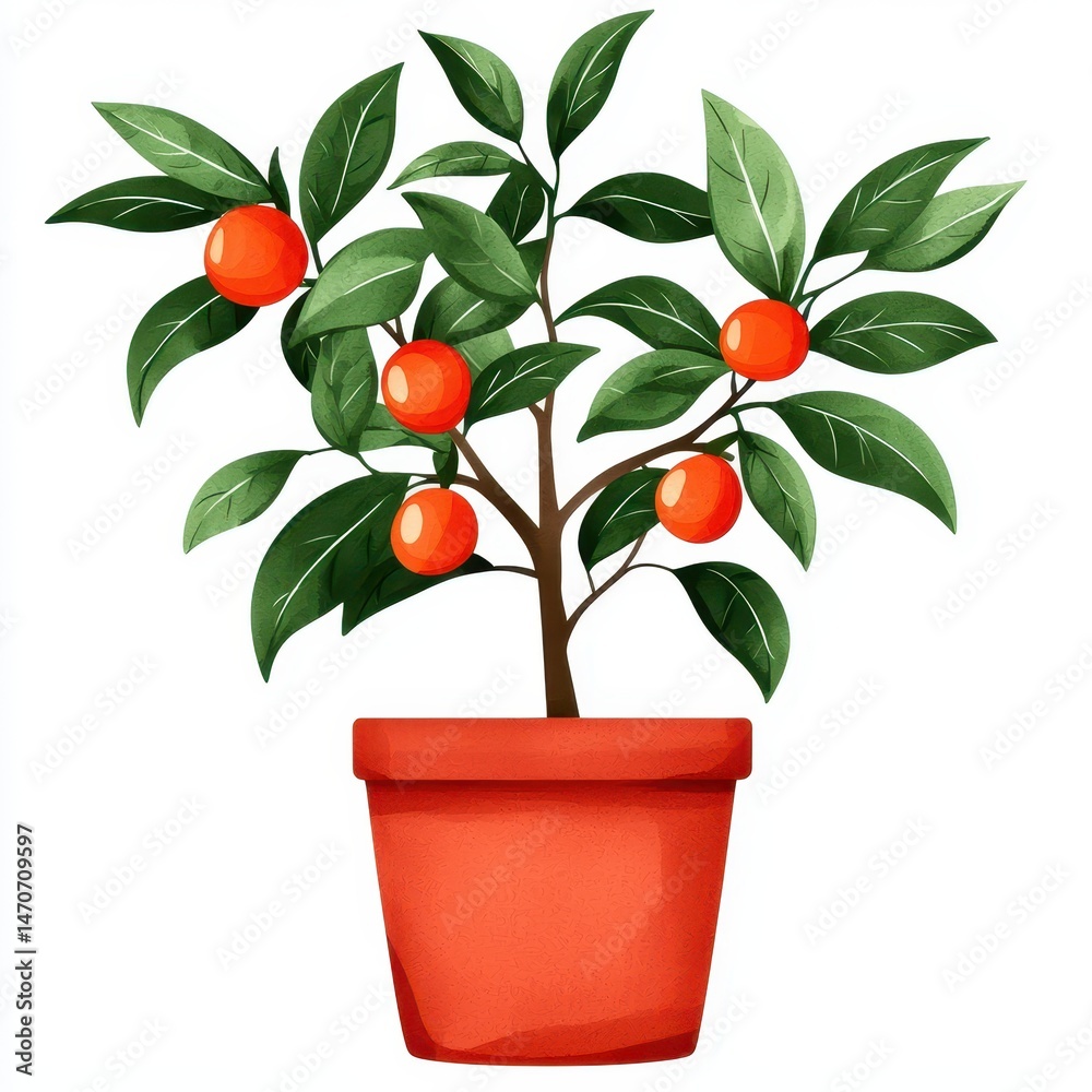 Fototapeta premium Potted Citrus Tree with Ripe Oranges Painterly Illustration