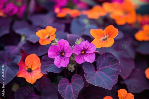 Vibrant Potted Flora: A Scenic Display of Purple Foliage and Radiant Orange Blooms in an Outdoor Setting