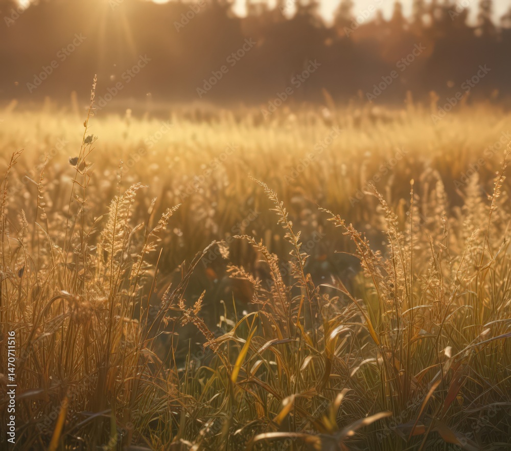 Obraz premium Golden hour light bathes abstract autumnal meadow in hazy glow Dew-kissed grasses shimmer , dew, countryside