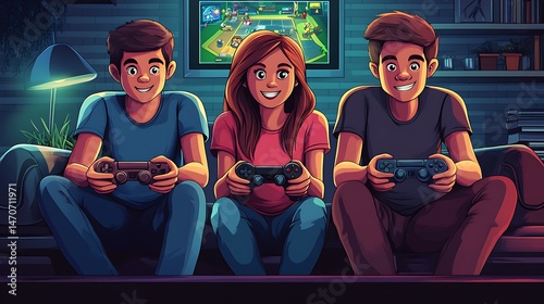 Friends playing video game together illustration