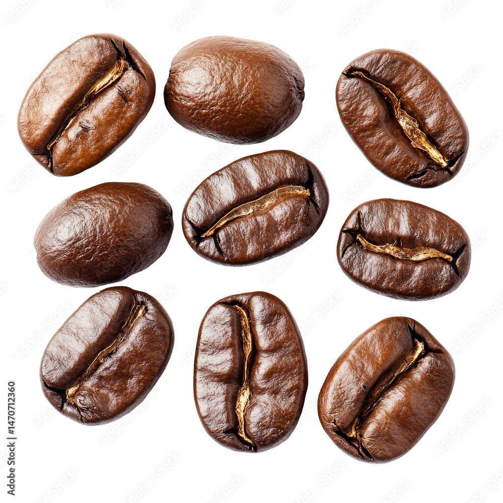 Fototapeta premium Isolated coffee beans arranged in a visually appealing layout showcasing their rich texture and color against a bright background, coffee beans isolated Stock Photo