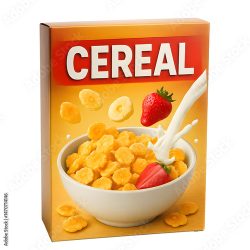 Cereal Box Packaging with Bowl of Cereal, Milk, Strawberries and Bananas Isolated on Transparent Background