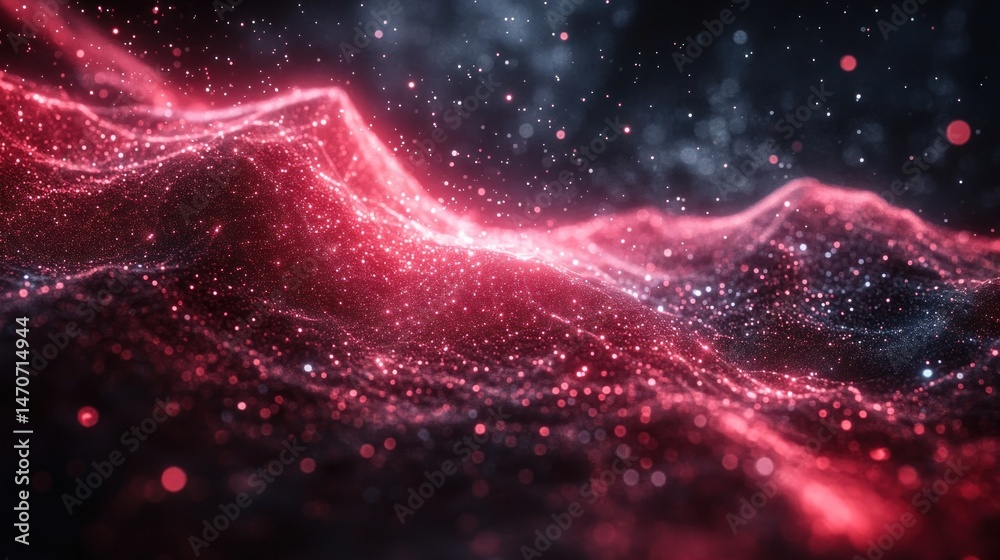 Fototapeta premium Abstract Red Cosmic Landscape: A Glimmering Galaxy of Stardust and Celestial Mountains