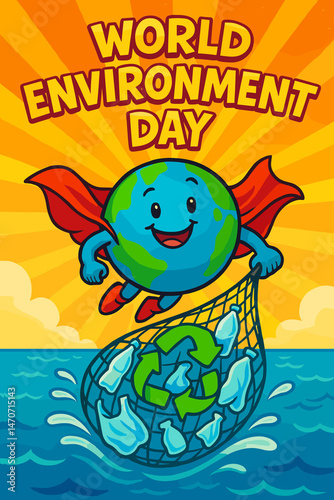 Smiling superhero Earth holding recycling net full of plastic waste, flying over ocean, playful art for World Environment Day