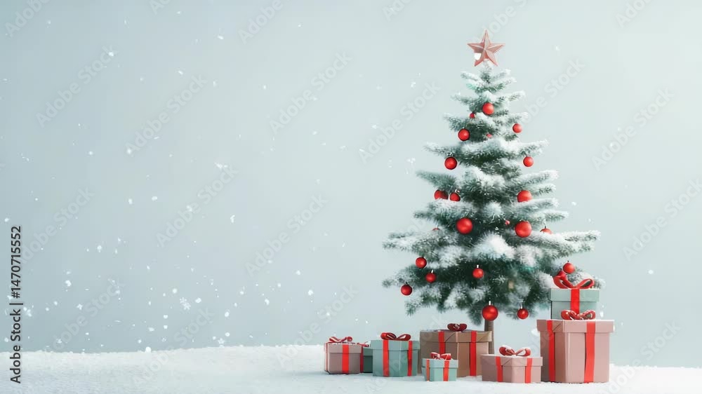 A Christmas tree stands indoors on a snowy surface, decorated with red ornaments and a star topper. Several wrapped presents are placed underneath, with simulated snowflakes falling.