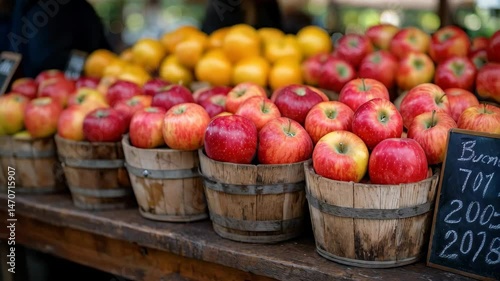 A vibrant display of fresh apples and oranges in wooden baskets at a market.