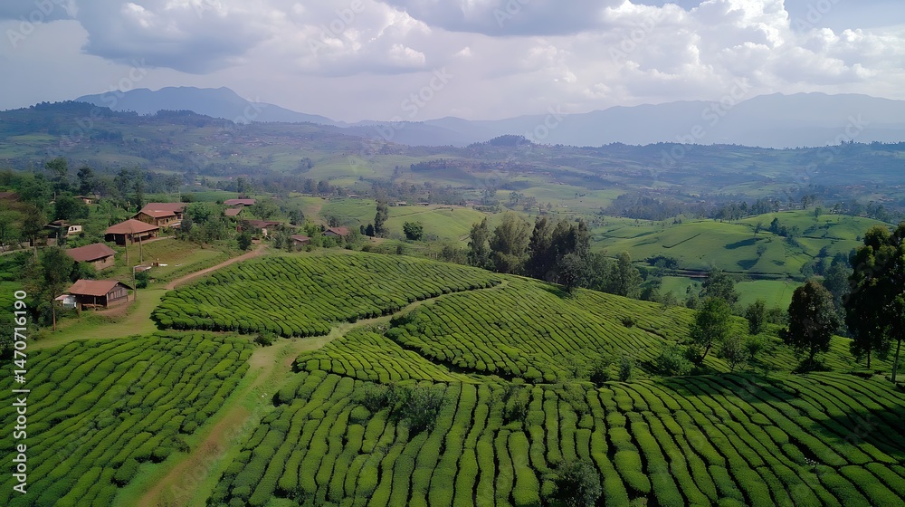 Fototapeta premium Aerial view of a lush tea plantation nestled in a mountainous valley.
