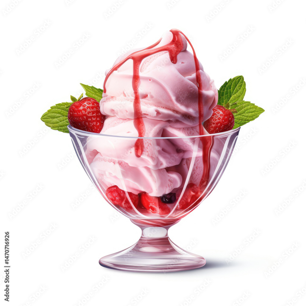 Pink ice cream dessert with strawberries