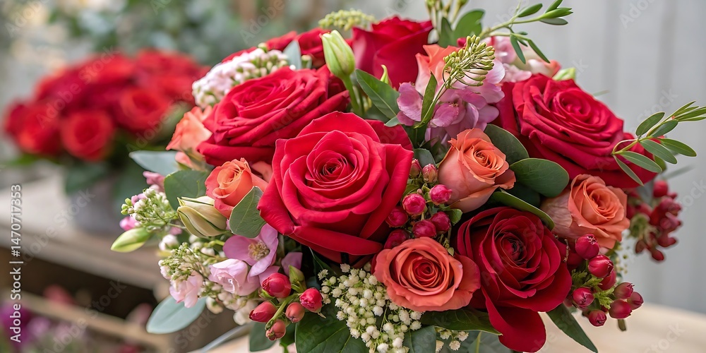 Obraz premium Beautiful bouquet of red and pink roses with soft background