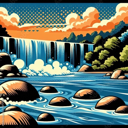 Illustration of waterfall nature landscape environment ocean graphic