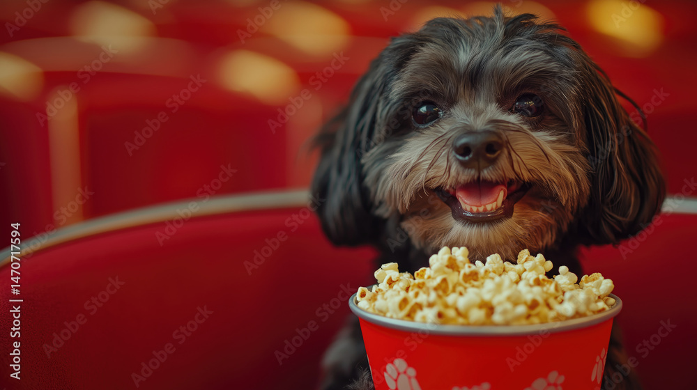 Dog in movie theater with popcorn