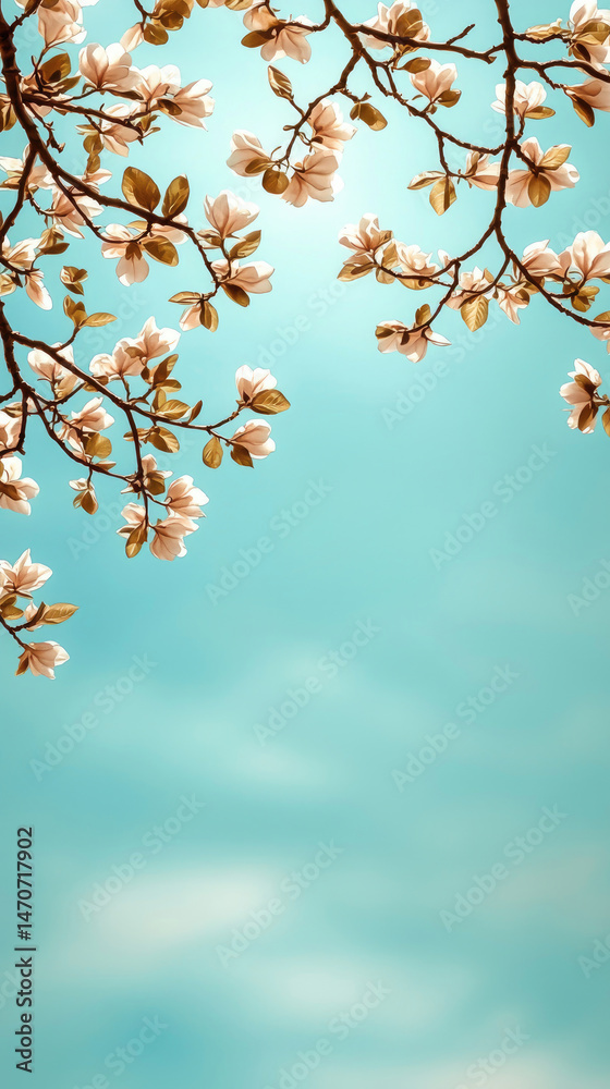 Spring blossoms against teal sky