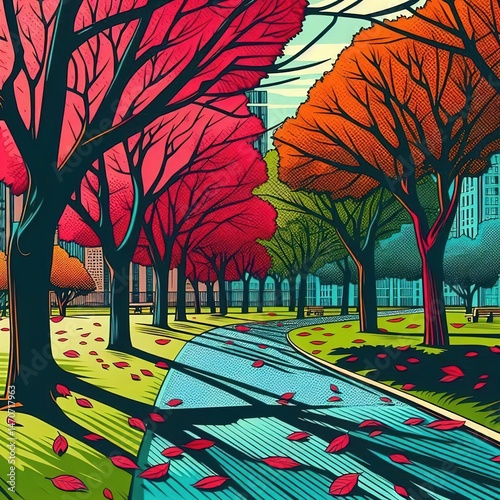 Autumn landscape with trees sketch draw orange and road concept alone