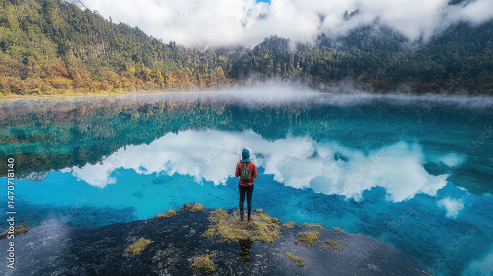 Person by tranquil turquoise lake