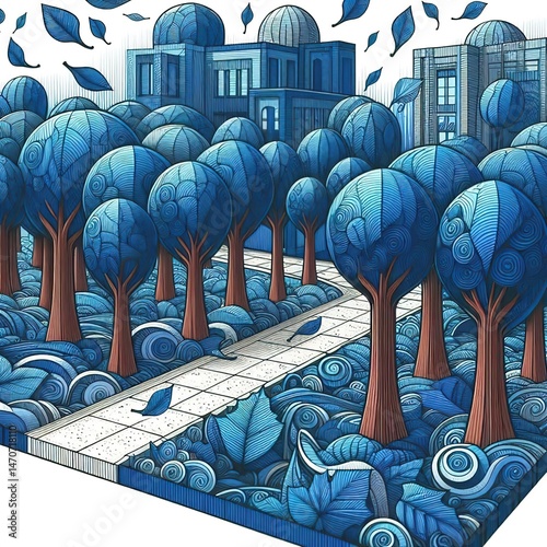 View of a park with trees abstract 3d lines color blue illustration creative graphic