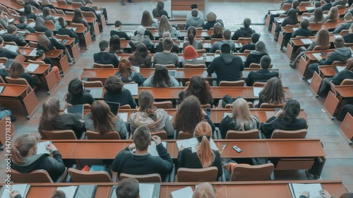 View of students sitting in rows of desks in a large lecture hall during class. The majority of the class is focused on the instructor, taking notes either in notebooks or on laptops.