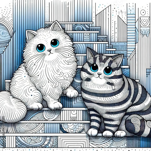 Two cats with eyes blue and upstairs abstract lineart design decoration
