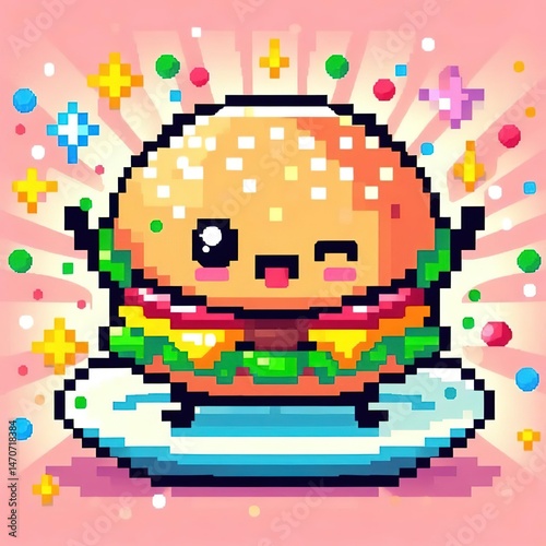 Burger character cute dancing funny food creative pixel art style assets videogame background illustration
