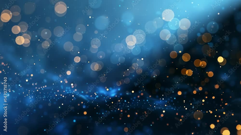 A captivating abstract image showcasing a beautiful arrangement of blurred bokeh lights in gold and white against a deep blue backdrop, creating a dreamy and magical atmosphere.