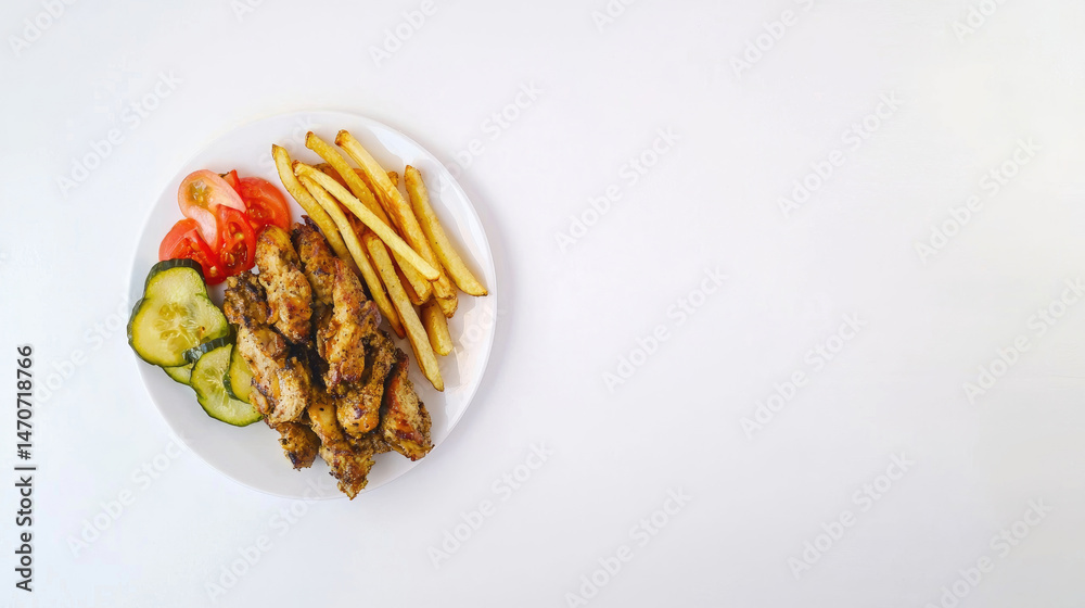 Plate of food with fries and vegetables