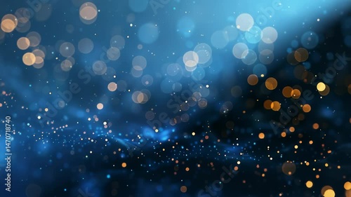 A captivating abstract image showcasing a beautiful arrangement of blurred bokeh lights in gold and white against a deep blue backdrop, creating a dreamy and magical atmosphere.