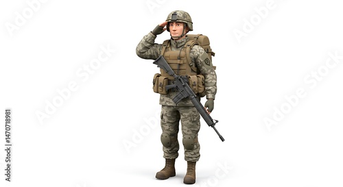 Soldier in camouflage saluting with rifle on isolated white background