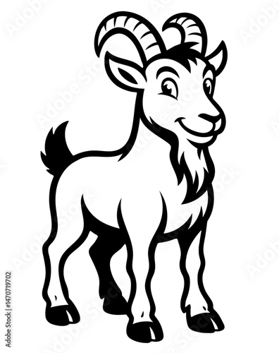 A cartoon goat with a smile on its face. The goat is standing in a white background. The goat is the main focus of the image
