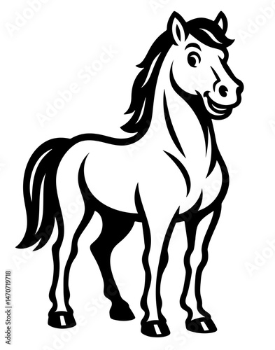 A horse is standing in a white background. The horse is smiling and has a happy expression. The horse is the main focus of the image and is the only object in the scene