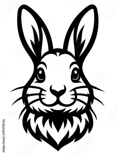 A black and white rabbit head with a smiling face. The rabbit is looking at the camera. The rabbit's ears are pointed forward
