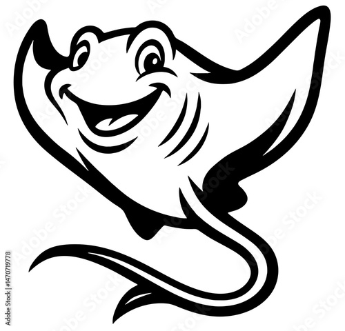 A cartoonish stingray with a big smile on its face. The shark is black and white. The shark is smiling and has a happy expression