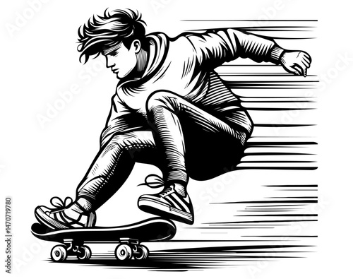 A man is riding a skateboard and appears to be in motion. The image has a dynamic and energetic feel to it, as if the man is in the middle of a thrilling skateboarding trick