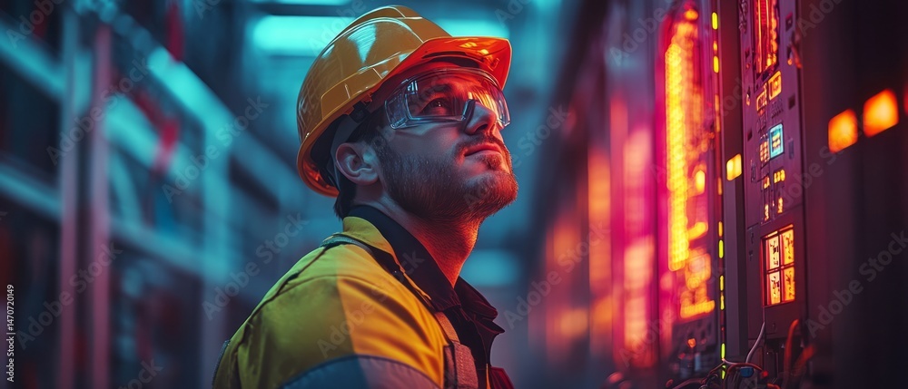 Obraz premium Focused industrial worker in a vibrant, neon-lit environment.
