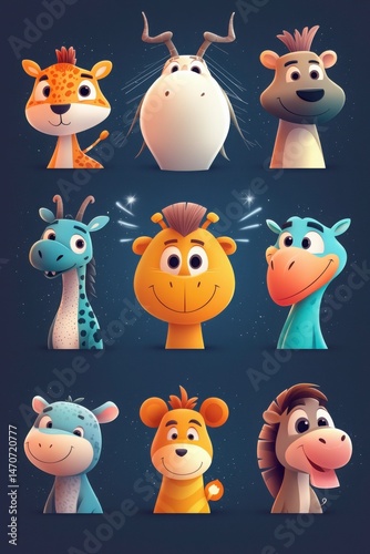the image displays a collection of nine cartoon animal portraits arranged in a three by three grid against a dark blue background with small