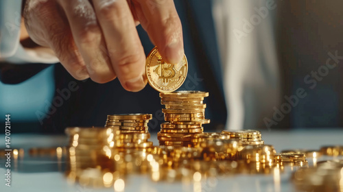 Hand placing coin on stack of golden coins