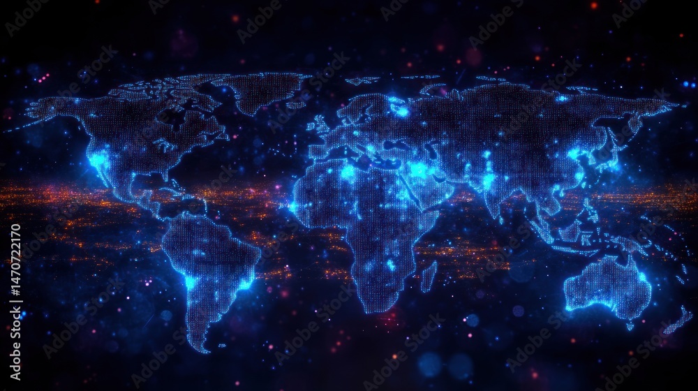 Digital glowing blue map of the world with illuminated city lights underneath on a dark background, representing global connectivity and technology Digital glowing blue map of the world with illuminated city lights underneath on a dark background, representing global connectivity and technology