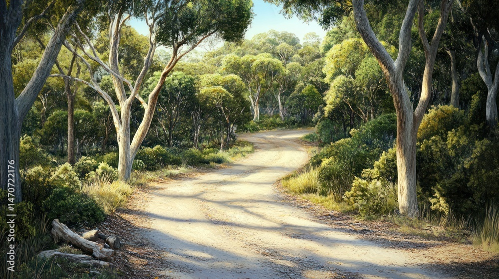 Naklejka premium Winding dirt road through sun-dappled eucalyptus forest; travel, adventure background