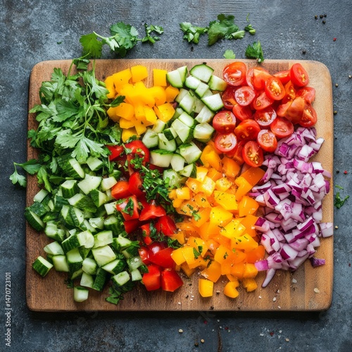 Colorful chopped vegetables arranged on a wooden cutting board.