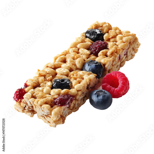 A delicious and healthy granola bar with blueberries and raspberries. It looks crispy and flavorful with a sweet, wholesome appeal.  The bar is perfect for a snack or on-the-go breakfast