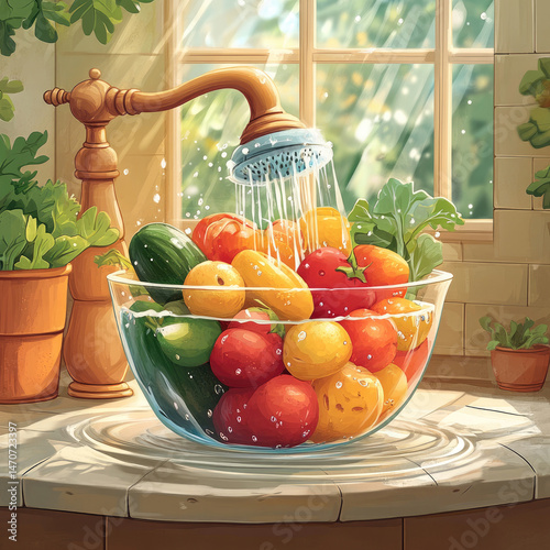 Fresh vegetables washing in kitchen