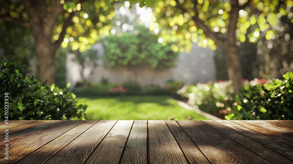 Empty wooden tabletop with a blurred park garden in the background Empty wooden tabletop with a blurred park garden in the background