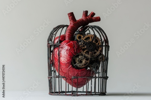 A heart trapped within a cage of gears