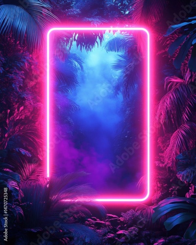 Fototapeta Naklejka Na Ścianę i Meble -  Glowing neon pink rectangular frame floating amid dense tropical jungle with vibrant foliage and colorful mist creating a mysterious and futuristic atmosphere