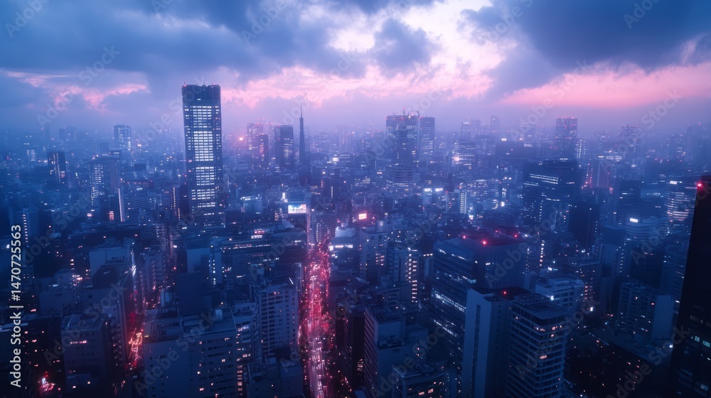 Fototapeta premium Elevated view of a modern city at twilight.