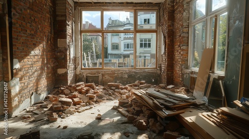 Interior demolition site with sunlit cityscape view.